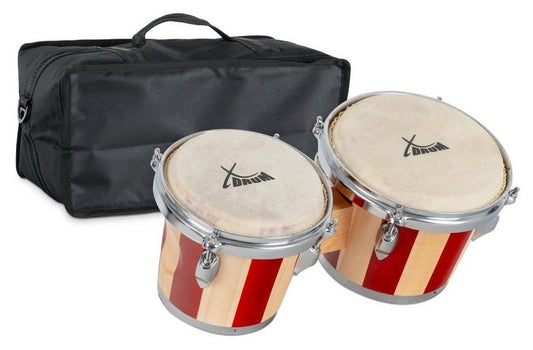 XDrum Bongo »Bongos Retro - 2 Trommeln mit 15 cm (6) und 18cm (7) Durchmesser - Bongotrommeln mit stimmbaren Naturfellen Stimmschlüssel und Tasche« Naturfelle