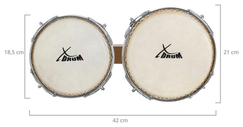 XDrum Bongo »Bongos Pro - 2 Trommeln mit 65 (17 cm) und 75 (20 cm) Durchmesser - Bongotrommeln mit stimmbaren Naturfellen und Stimmschlüssel - Holztrommeln«