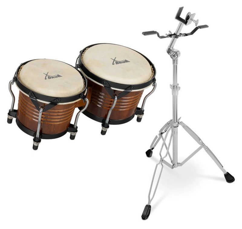 XDrum Bongo »Bongos Pro - 2 Trommeln mit 65 (17 cm) und 75 (20 cm) Durchmesser - Bongotrommeln mit stimmbaren Naturfellen Stimmschlüssel und Ständer« Verchromte Hardware