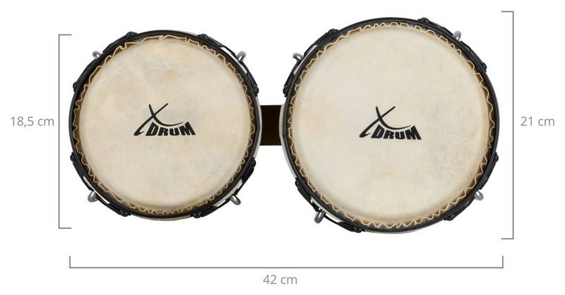 XDrum Bongo »Bongos Pro - 2 Trommeln mit 65 (17 cm) und 75 (20 cm) Durchmesser - Bongotrommeln mit stimmbaren Naturfellen Stimmschlüssel und Ständer« Verchromte Hardware